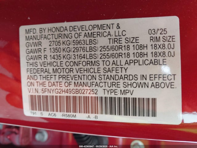 5FNYG2H49SB027252 Honda j35y8