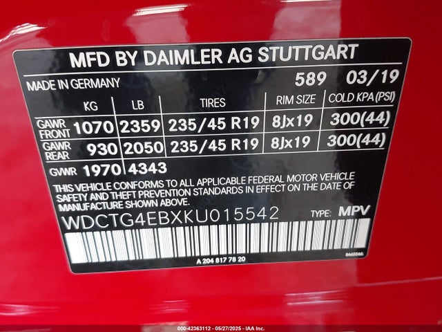 WDCTG4EBXKU015542 Mercedes-Benz m270