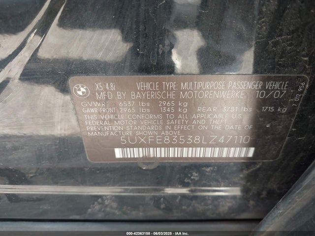 2008 Bmw X5 4.8i მანქანა იყიდება აუქციონზე, vin: 5UXFE83538LZ47110, აუქციონის ნომერი: 42363158