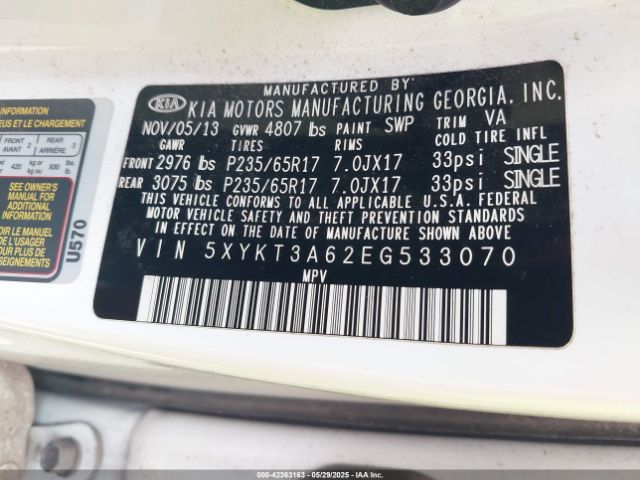 5XYKT3A62EG533070 KIA SORENTO LX