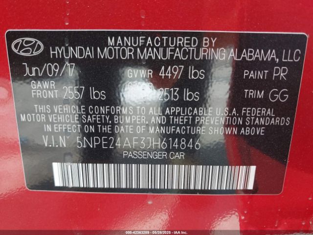 5NPE24AF3JH614846 Hyundai SONATA SE