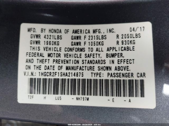 1HGCR2F15HA214875 Honda Accord Sport Se
