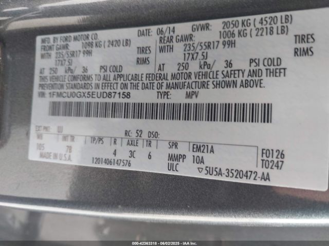 1FMCU0GX5EUD87158 Ford ESCAPE SE