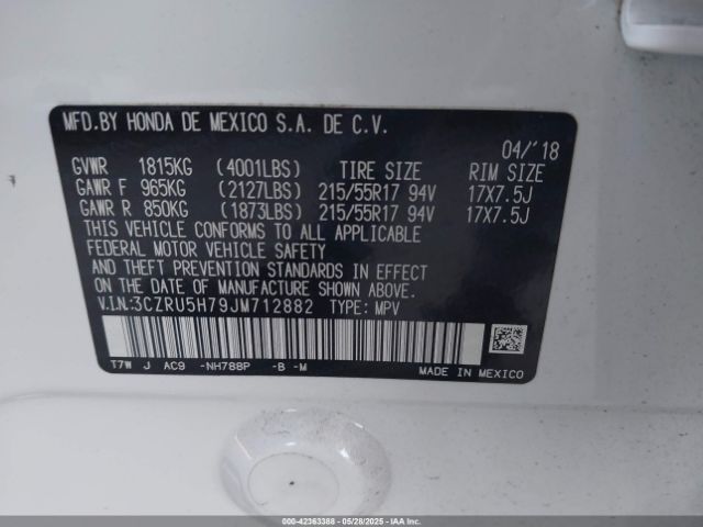 3CZRU5H79JM712882 Honda Hr-v Ex-l