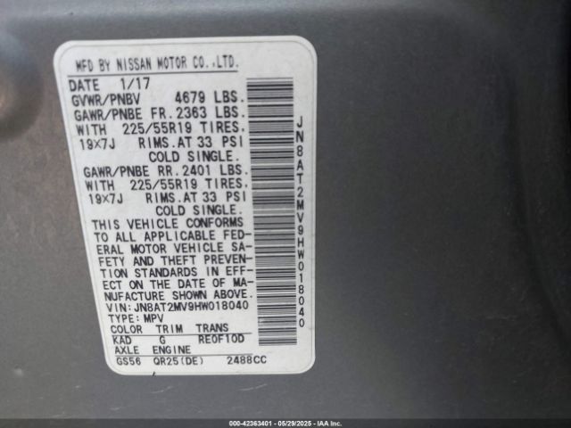 JN8AT2MV9HW018040 Nissan Rogue Sl
