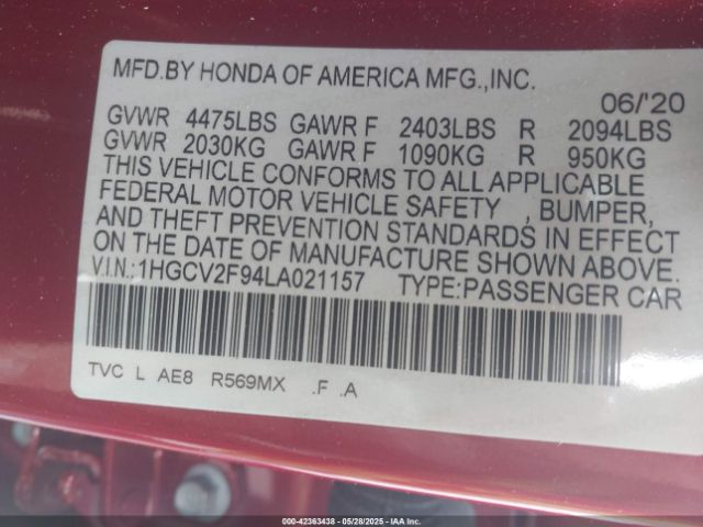 2020 HONDA ACCORD 1HGCV2F94LA021157 Photo 8