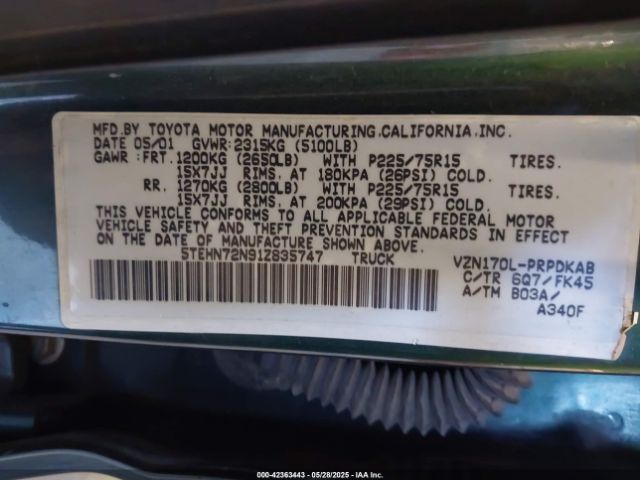 2001 TOYOTA TACOMA 5TEHN72N91Z835747 Photo 8