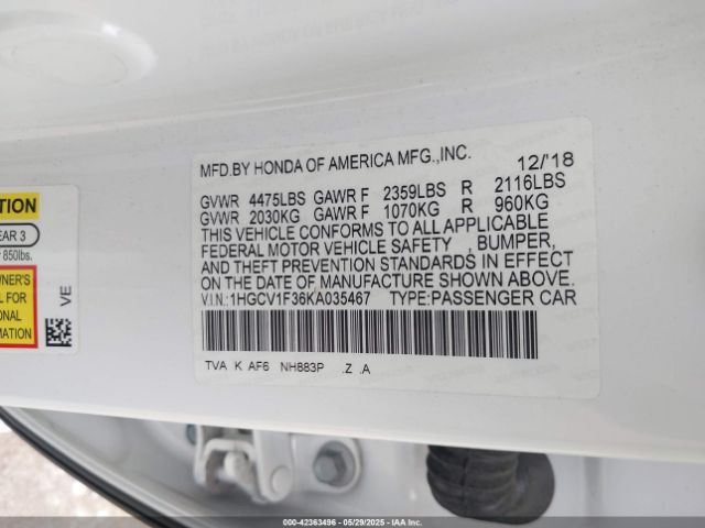 1HGCV1F36KA035467 Honda l15be