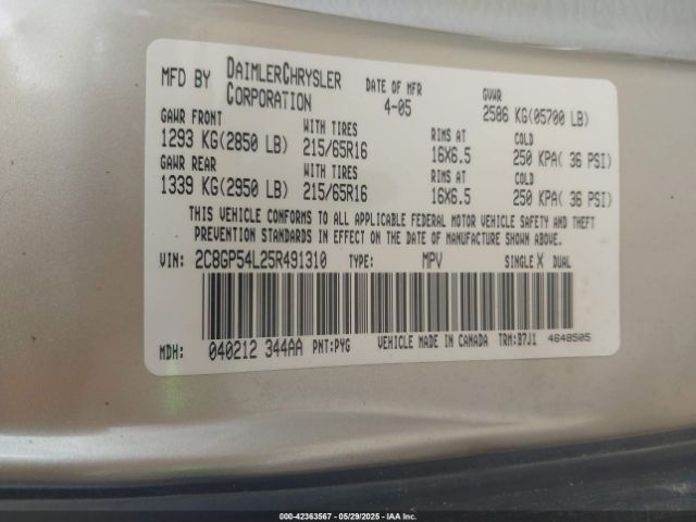 2005 CHRYSLER TOWN & COUNTRY 2C8GP54L25R491310 Photo 8
