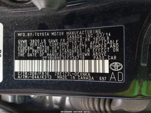2T1BURHE3EC136718 Toyota COROLLA LE