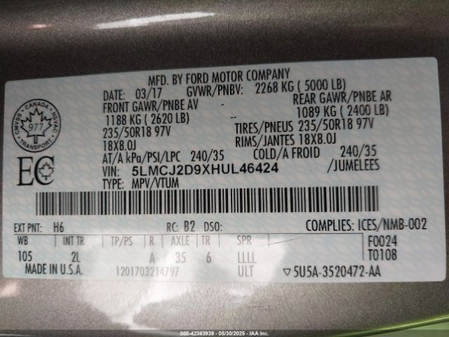 5LMCJ2D9XHUL46424 Lincoln MKC SELECT
