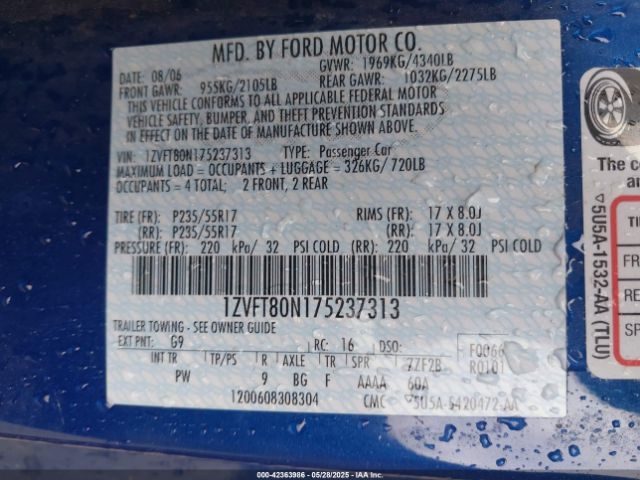 2007 FORD MUSTANG 1ZVFT80N175237313 Photo 8