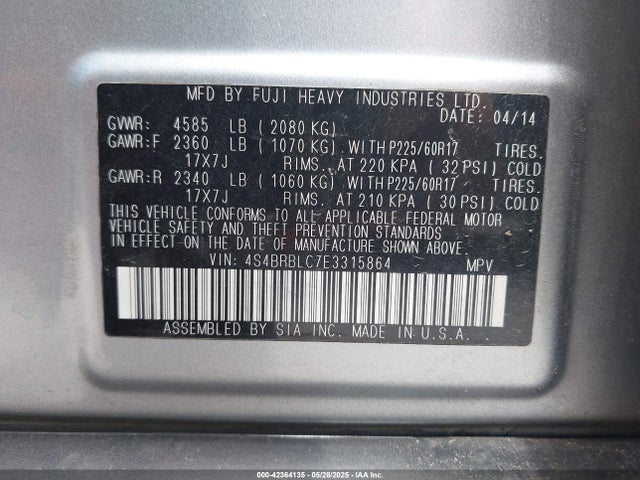 Subaru 2.5na u5 2014 4S4BRBLC7E3315864 Image 9