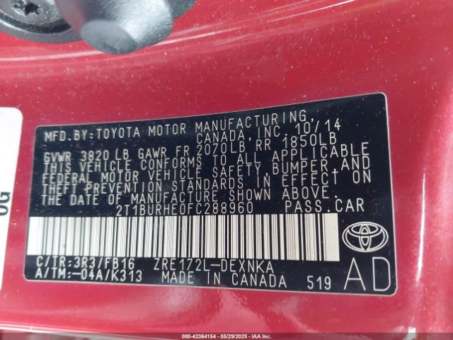 2T1BURHE0FC288960 Toyota COROLLA LE
