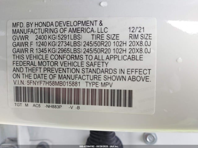 Honda j35y6 2021 5FNYF7H58MB015881 Image 9