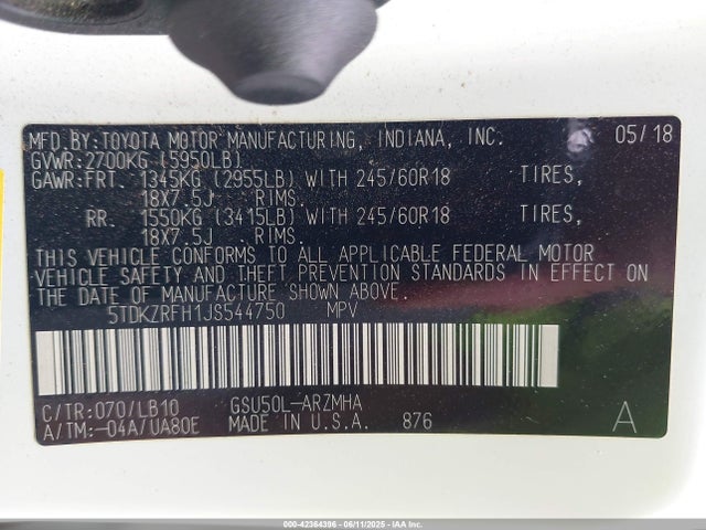 5TDKZRFH1JS544750 Toyota 2gr-fks