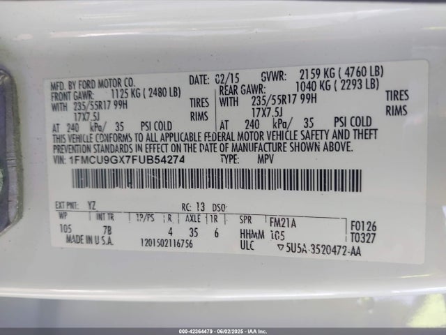 1FMCU9GX7FUB54274 Ford 2015