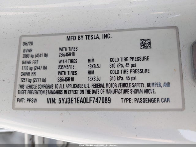 Tesla MODEL 3 2020 5YJ3E1EA0LF747089 Image 9