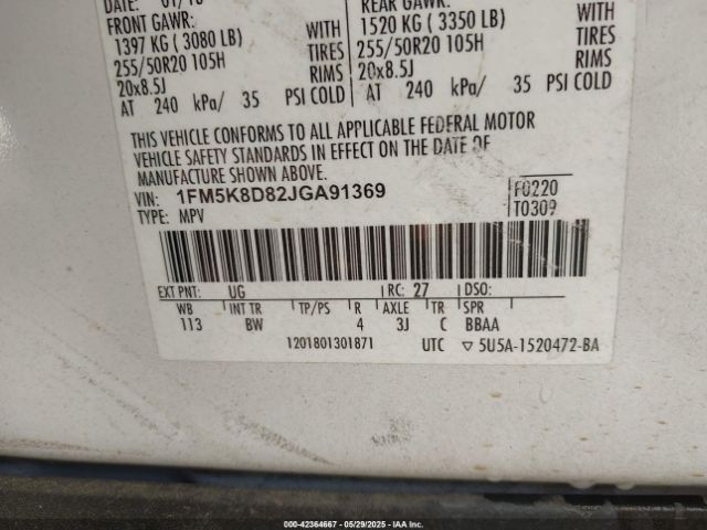 2018 FORD EXPLORER 1FM5K8D82JGA91369 Photo 8