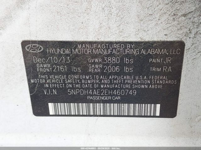 5NPDH4AE2EH460749 Hyundai dohc mpi nu