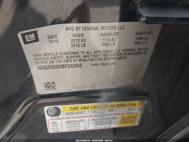 42365133 :رقم المزاد ، 1G4GE5ED8BF202850 vin ، 2011 Buick Lacrosse Cxs مزاد بيع