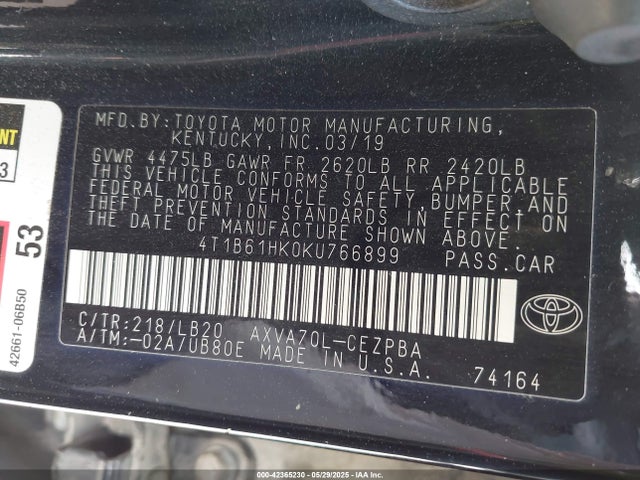 4T1B61HK0KU766899 Toyota a25a-fks
