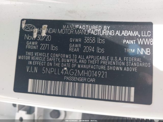 5NPLL4AG2MH014921 Hyundai ELANTRA SE