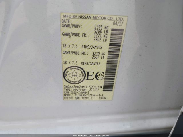 5N1AZ2MH2HN157514 Nissan Murano Platinum/s/sl/sv