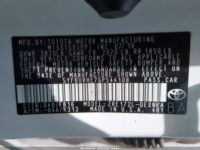 5YFBURHE7GP544108 Toyota COROLLA LE