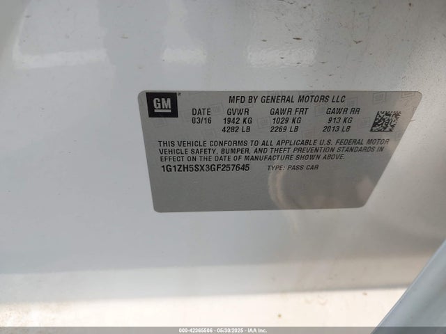 1G1ZH5SX3GF257645 Chevrolet ltg - sidi, alum dohc, vvt, dcvcp turbo, e0-e100, alum