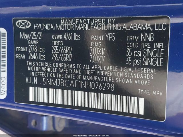 5NMJBCAE1NH026298 Hyundai TUCSON SEL
