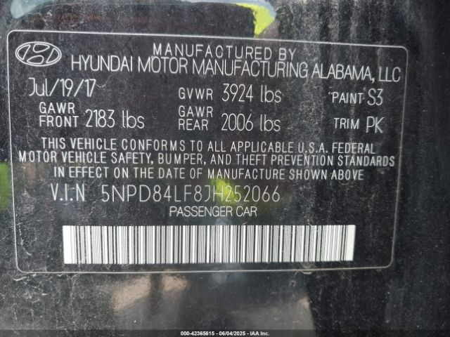 5NPD84LF8JH252066 Hyundai mpi nu