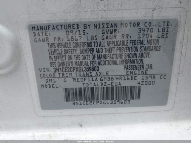 3N1CE2CPXGL359603 Nissan Versa Note S (sr)/s Plus/sl/sr/sv