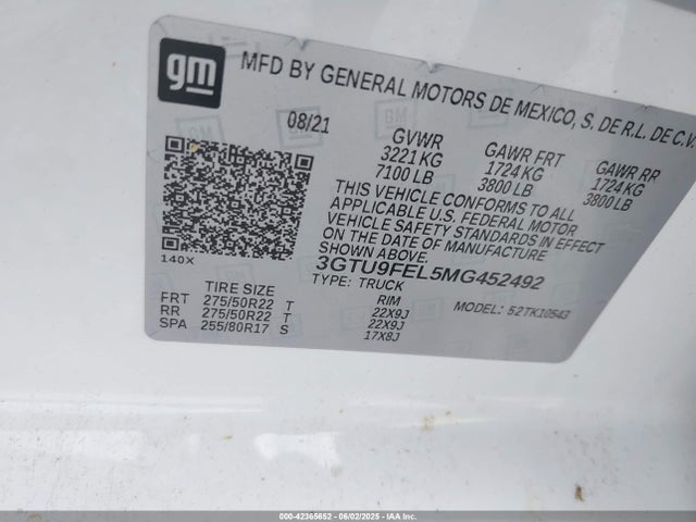 3GTU9FEL5MG452492 GMC l87 - di dfm, alum, gen 5
