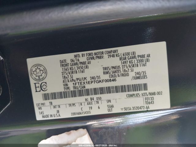 1FTEX1EP7GKF00846 Ford F-150 Xlt