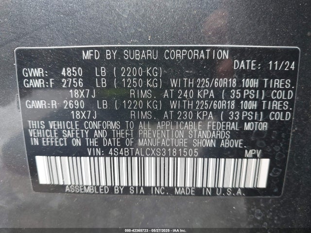 4S4BTALCXS3181505 Subaru Outback Onyx Edition