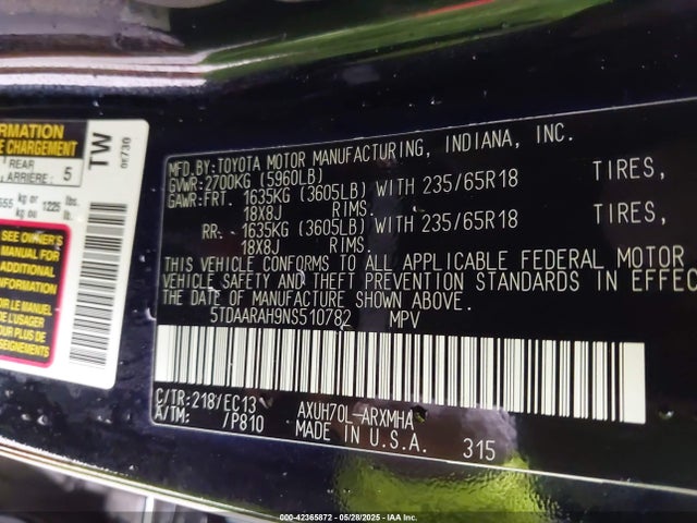 5TDAARAH9NS510782 Toyota a25a-fxs, 5nm