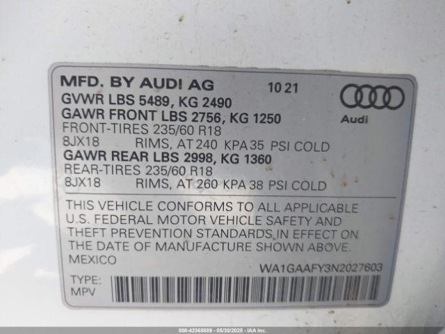 WA1GAAFY3N2027603 Audi Q5 Premium 45 Tfsi S Line Quattro S Tronic