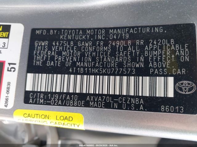 4T1B11HK5KU777573 Toyota CAMRY LE