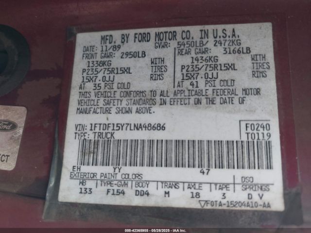 1990 FORD F150 1FTDF15Y7LNA48686 Photo 8