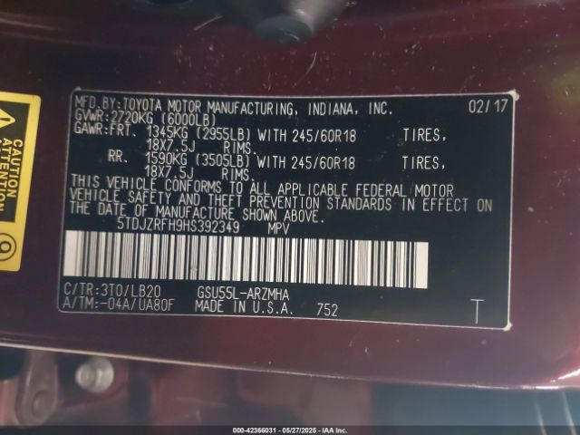 2017 TOYOTA HIGHLANDER 5TDJZRFH9HS392349 Photo 8
