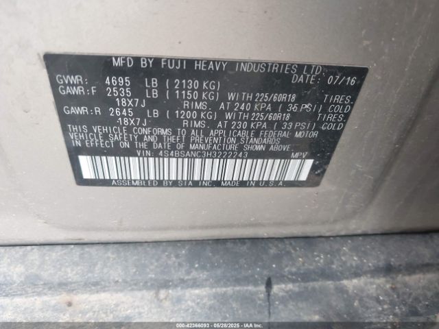 4S4BSANC3H3222243 Subaru Outback 2.5i Limited