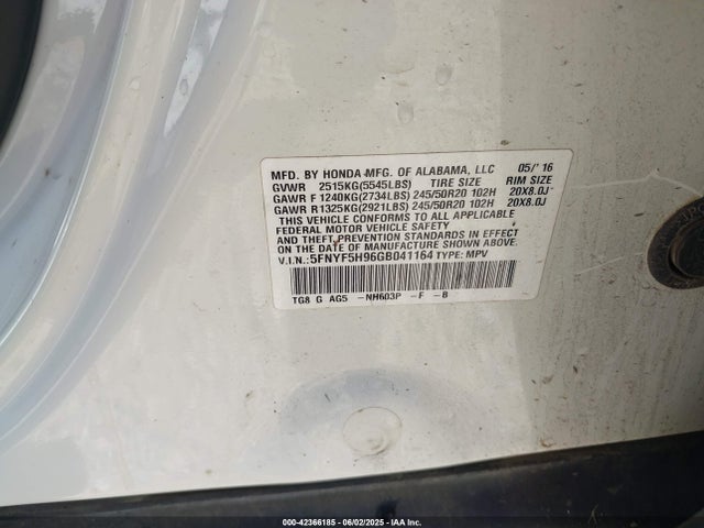 5FNYF5H96GB041164 Honda j35y6