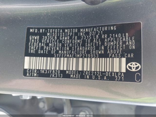 5YFEPMAE1MP219953 Toyota COROLLA LE