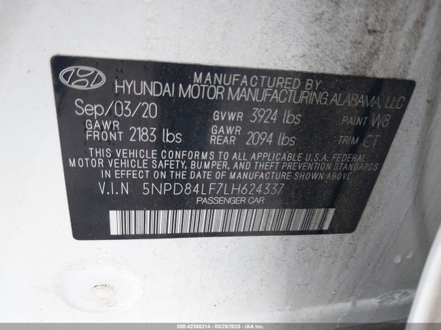 5NPD84LF7LH624337 Hyundai mpi nu