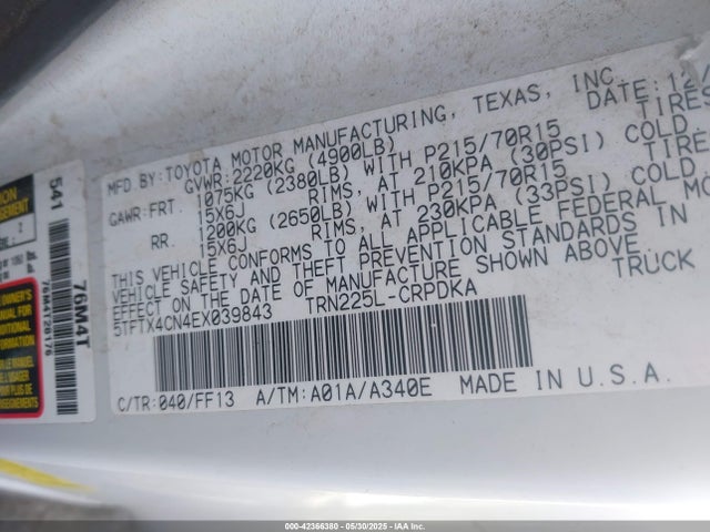 5TFTX4CN4EX039843 Toyota 2tr-fe
