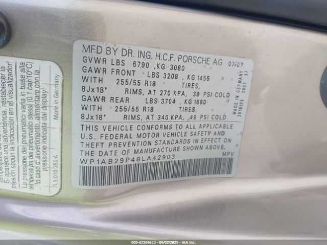 2008 PORSCHE CAYENNE WP1AB29P48LA42903 Photo 8