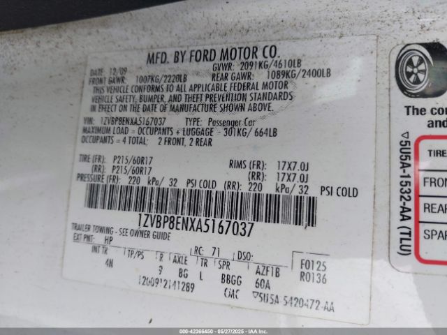 2010 FORD MUSTANG 1ZVBP8ENXA5167037 Photo 8