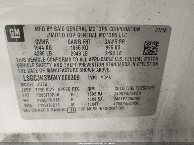 LSGCJKSB6KY008309 Chevrolet luv - mfi, variable valve timing, e85 max, alum