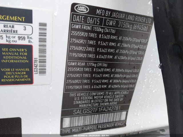 Land Rover supercharged lev2 ulev 2015 SALGS2TF1FA242781 Image 9